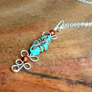 Czech Glass Beaded Pendant Necklace, Turquoise Silver Copper, Boho Statement